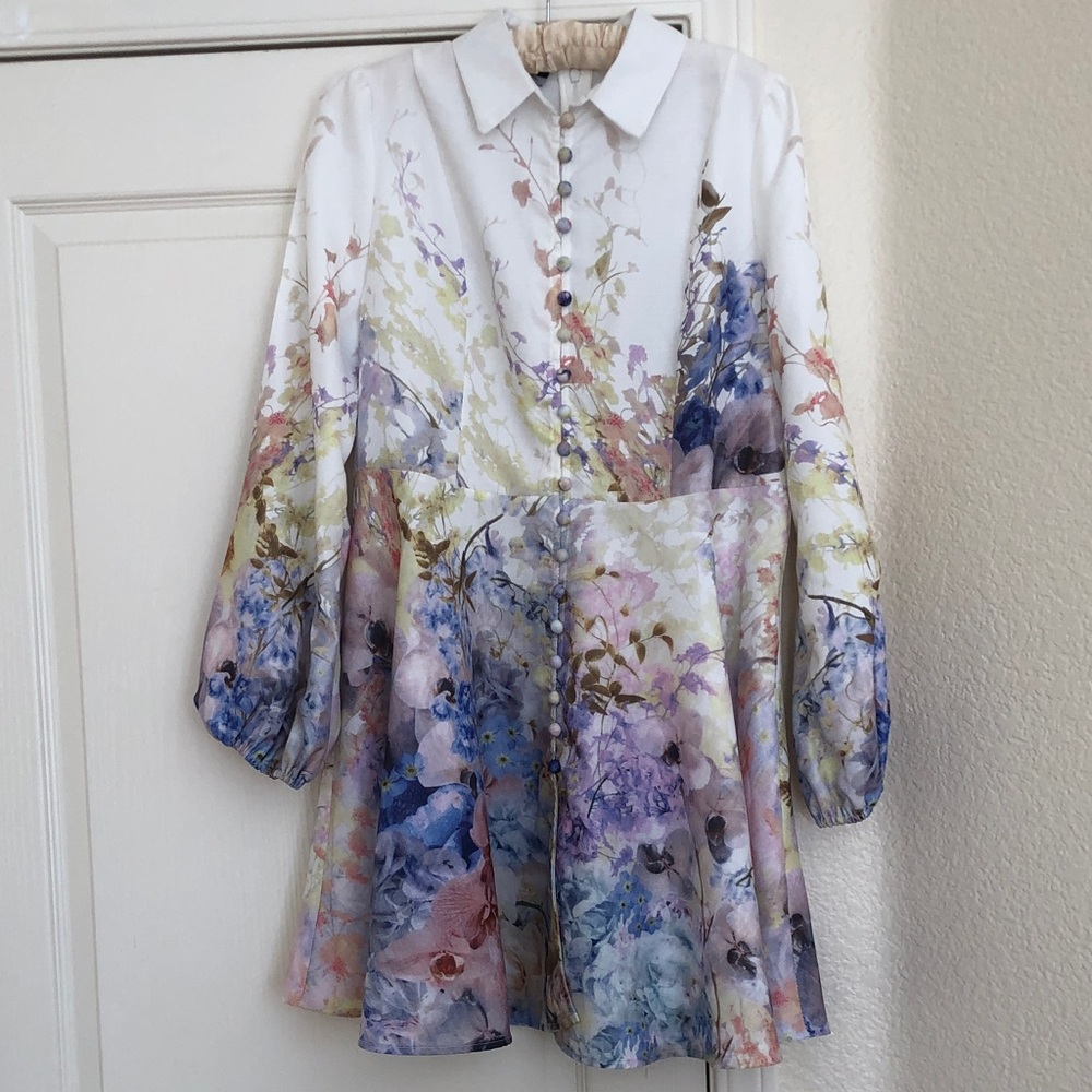 Floral Long-Sleeve Button-Front Dress - White with Pastel Floral Print